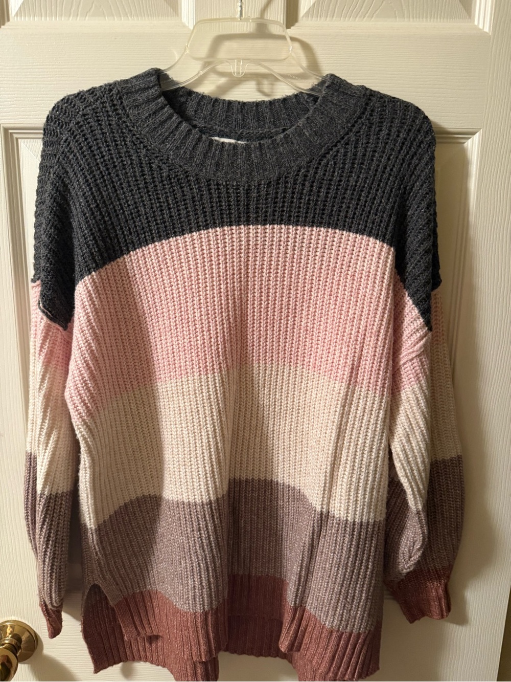 American Eagle Outfitters Charcoal, Pink & Cream Striped Crewneck Sweater